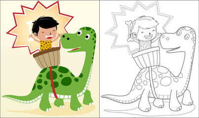 Vector cartoon of ancient human with bone udgel on dinosaur, coloring book or page