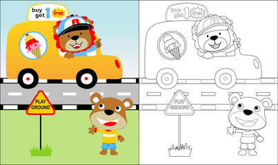 Vector cartoon of funny ice cream seller with car, coloring book or page
