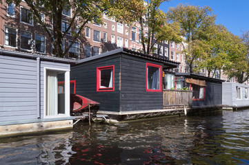 houseboats of Amsterdam close up view from river side