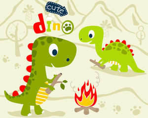Fototapeta premium cute dino cartoon making bonfire