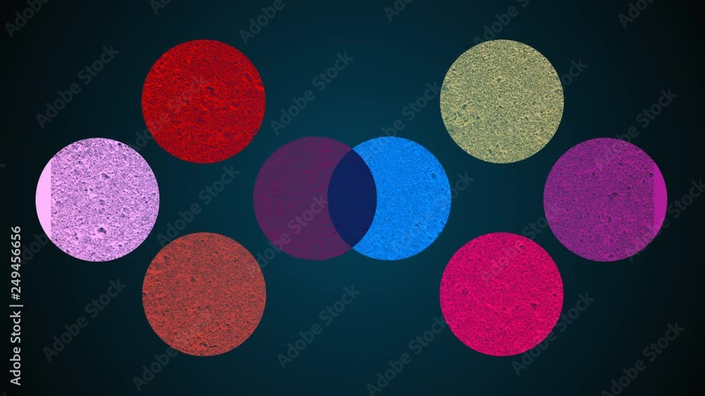 Poster multiple shape circles, mixing of different colors, searchlight effect, 3d rendering background, com