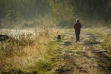 Walk through the morning dew with dog.