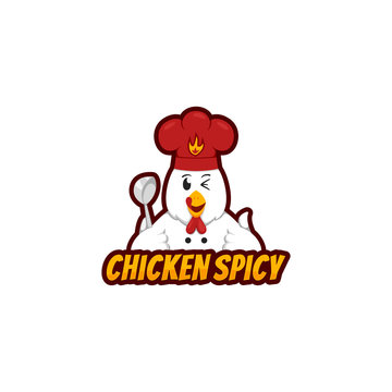 Chicken Spicy logo mascot with funny chicken character holding ladle and wears chef hat in cartoon style