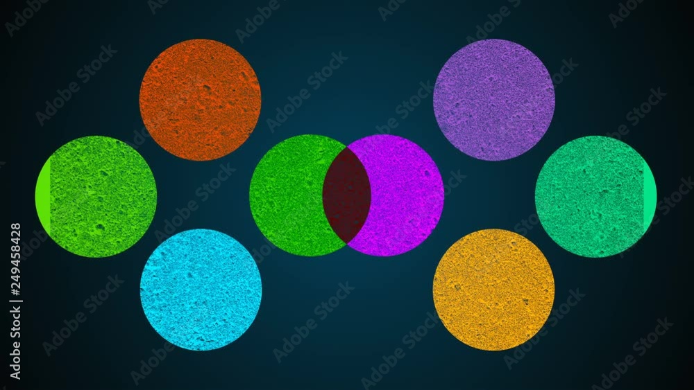 Poster multiple shape circles, mixing of different colors, searchlight effect, 3d rendering background, com