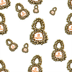 golden 8 numbers made by spheres isolated on bright background. Happy womans day seamless design pattern. 3d illustration