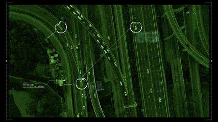 Futuristic HUD satellite car surveillance and identification counter terrorist monitoring highway...