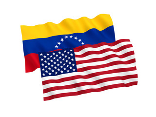 National fabric flags of Venezuela and America isolated on white background. 3d rendering illustration. 1 to 2 proportion.