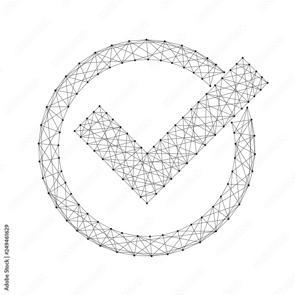 Poster check mark in circle round from abstract futuristic polygonal black lines and dots. vector illustrat