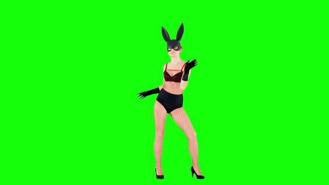 Burlesque Dancer in Rabbit Bunny Ears Mask on Green Screen