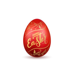 Easter egg 3D icon. Red egg, gold lettering, isolated white background. Floral design. Hand drawn flower decoration for Happy Easter. Text element. Holiday pattern. Spring symbol. Vector illustration