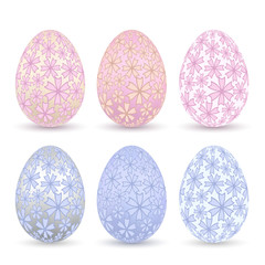 Easter egg 3D icon. Pastel color eggs set, isolated white background. Flower design, realistic decoration Happy Easter celebration. Holiday element. Shiny pattern. Spring symbol. Vector illustration