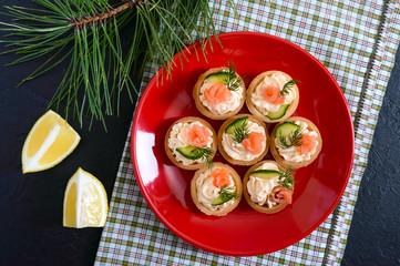 Tartlets with cream cheese and salted salmon on a red plate. Tasty light snack for a party. Finger Food. The top view.
