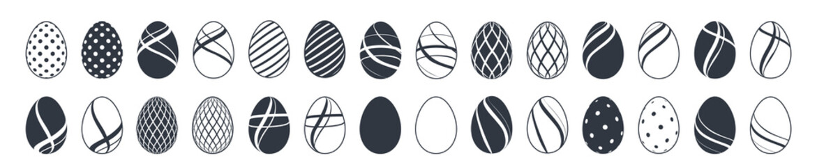 Easter egg icons. Black eggs set, isolated white background. Simple design, decoration Happy Easter. Holiday decorative elements collection. Cute pattern ornament. Spring symbol. Vector illustration