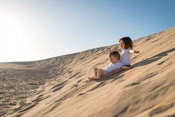 Fototapeta na wymiar Children having fun on the sand dune