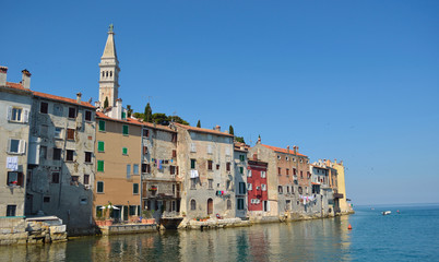 Rovinj old town  peninsular  with the Church of St. Euphemia  on the Adriatic Coast  Line Istria Croatia.