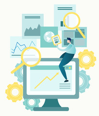 Vector illustration of business, office workers are searching the information, Person analyzing business data - 249463664