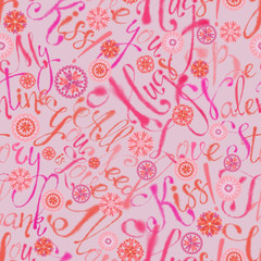 Valentine Slogans and Heart Flowers Seamless Pattern. Continuous Design for Background, Print, Wallpaper, Textile, and Gift Wrap