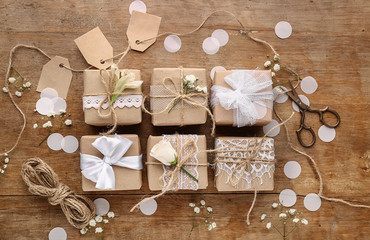 Beautiful handmade gifts on wooden background