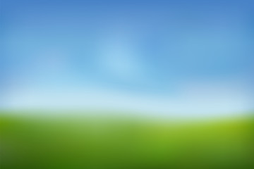 Fototapeta na wymiar Summer background. Green fresh grass, blue sunny sky blur design. Abstract summer, spring nature. Beauty garden, park, meadow field landscape. Beautiful natural sunlight pattern. Vector illustration
