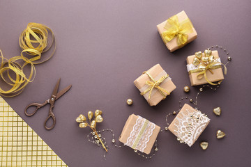 Composition with beautiful handmade gifts on color background