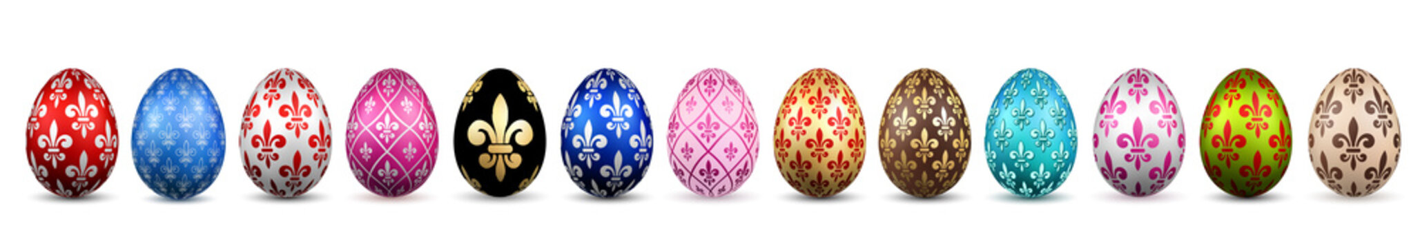 Easter egg 3D icon. Color eggs set, isolated white background. Flower fleur de lis design, decoration Happy Easter celebration. Royal lily element. Holiday pattern. Spring symbol. Vector illustration