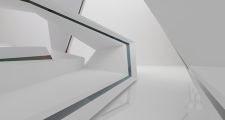 Abstract white and colored gradient glasses interior multilevel public space with window. 3D illustration and rendering.