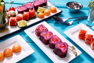 snacks on blue wooden background