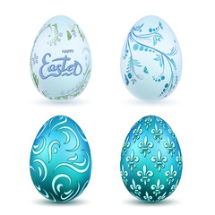 Easter egg 3D icon. Blue eggs set, isolated white background. Flower fleur de lis, floral design, decoration Happy Easter celebration. Royal lily. Holiday pattern. Spring symbol. Vector illustration