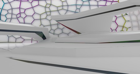 Abstract white and colored gradient glasses interior multilevel public space with window. 3D illustration and rendering.