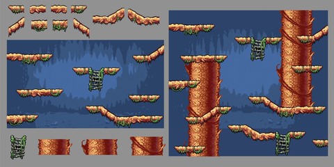 platform forest tree game pixel art graphics kit, vector illustration - 249465816