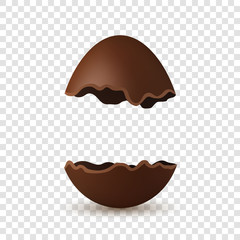 Easter broken egg 3d. Chocolate brown open egg, isolated white transparent background. Traditional sweet candy dessert, decoration Happy Easter celebration. Design element holiday. Vector illustration