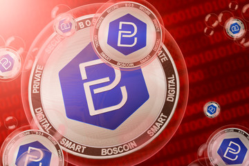 BOScoin crash; BOScoin (BOS) coins in a bubbles on the binary code background. Close-up. 