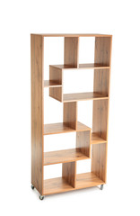 Wooden shelf unit on white background