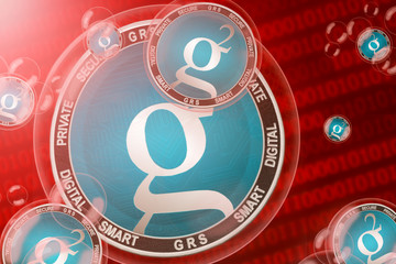 Groestlcoin crash; Groestlcoin (GRS) coins in a bubbles on the binary code background. Close-up. 