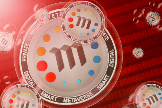 Metaverse ETP; Metaverse (ETP) coins in a bubbles on the binary code background. Close-up.