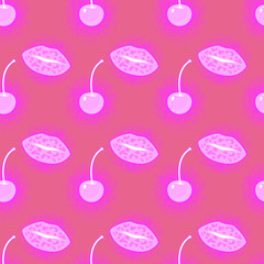 Neon lips and cherry seamless pattern. Contemporary art collage in bright colors, zine stylized. 
