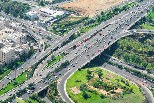 Amazing aerial view of two-level road junction in Tehran, Iran