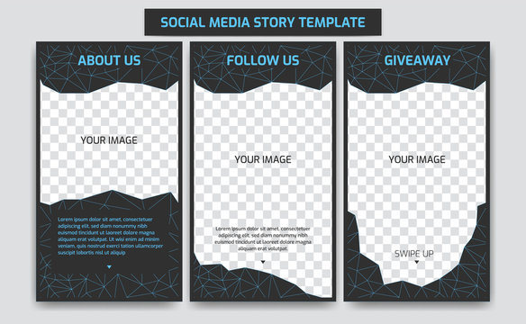 Editable Social media story design template in neon futuristic cyber blue retro virtual world with abstract polygon line