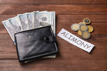 Word ALIMONY with wallet and money on wooden background