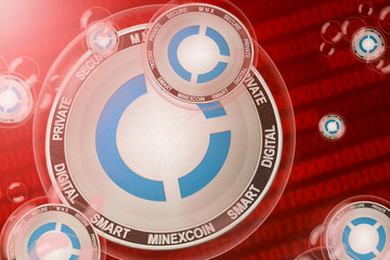 MinexCoin crash; Minexcoin (MNX) coins in a bubbles on the binary code background. Close-up.