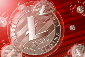 Litecoin crash; Litecoin (LTC) coins in a bubbles on the binary code background. Close-up. 