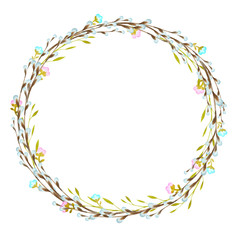 Obraz premium Watercolor frame wreath with spring elements of happy Easter holiday, branch catkin willow, plants, flower. Isolated on white background. Hand drawn.