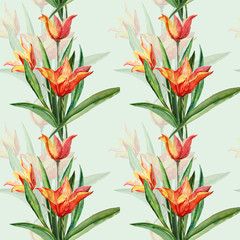 Seamless pattern of yellow-red tulips.