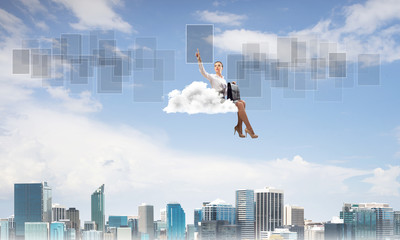 Fototapeta na wymiar Elegant lady boss or accountant float on cloud and pointing with finger