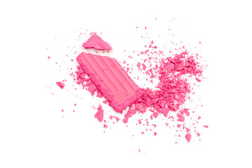 A broken pink eye shadow make up palette isolated on a white background. Top view, flat lay. Copy...
