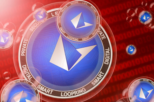 Loopring crash; Loopring (LRC) coins in a bubbles on the binary code background. Close-up.