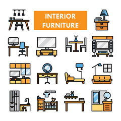 Interior Furniture color line vector icon set