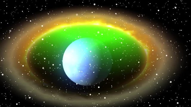 animation of blue planet in a circle of coloured gas.