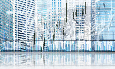 Concept of global communication and networking with world map over cityscape