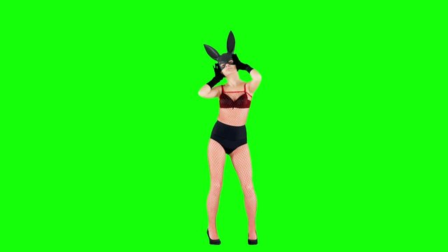 Dancing in Playboy Ears Bunny Mask on Green Screen